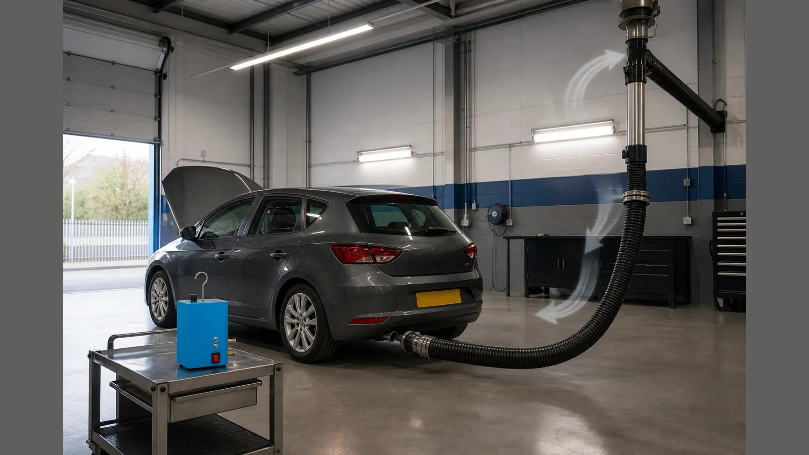 Ventilated workshop bay arranged for automotive smoke leak testing