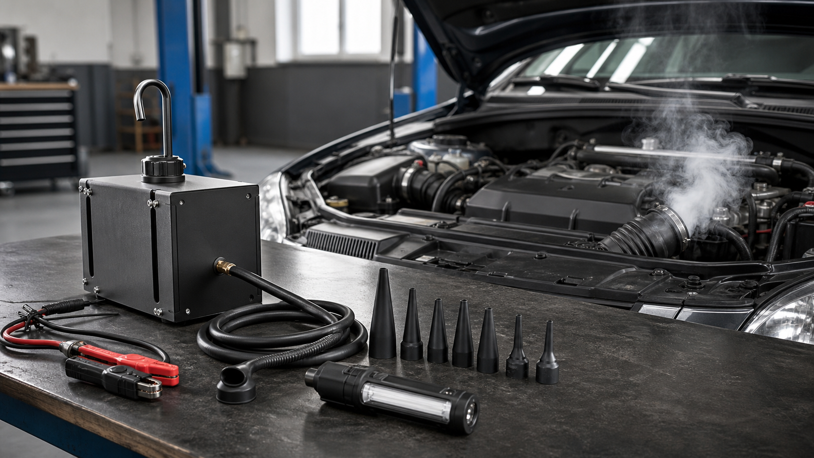 Vehicle smoke tester with hose, adapters and inspection light